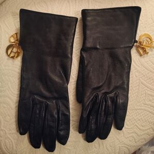 Women's Christian Dior Black Leather Gloves With Gold Charms